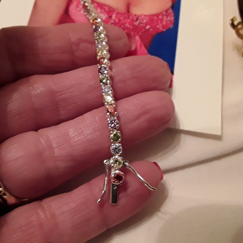 VTG 925 STERLING MULTI-GEMSTONE TENNIS BRACELET 7" - Picture 9 of 16